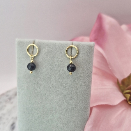 KOLCZYKI SREBRNE ZŁOCONE KAMIEŃ NATURALNY TURMALIN CZARNY SREBRO 925